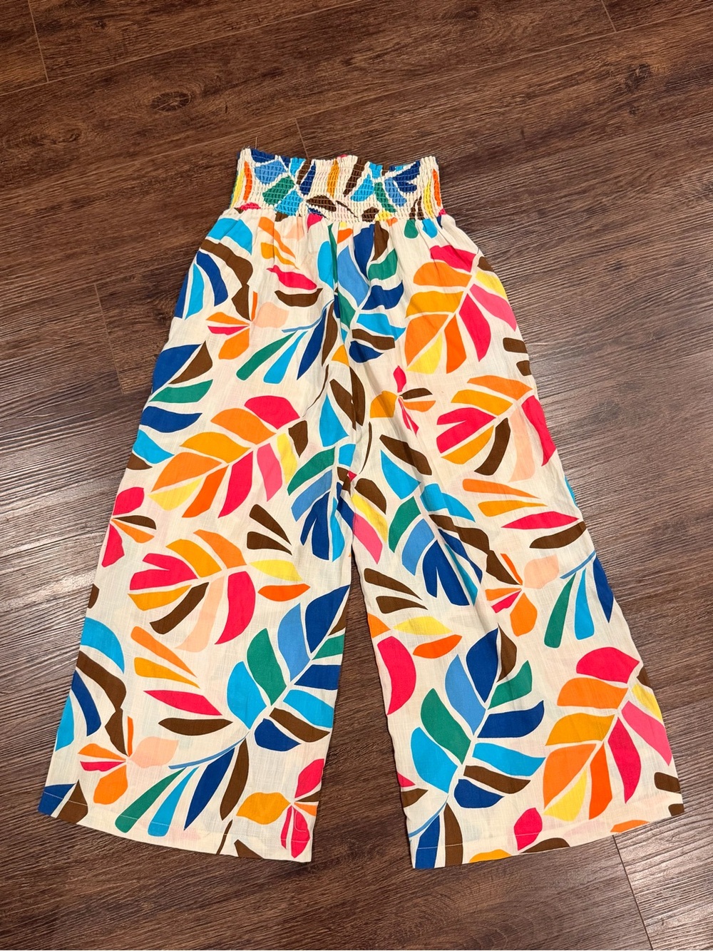 Wide Leg Smocked Waist Floral Leaf Print Pants - Multicolor - Picture 3 of 4